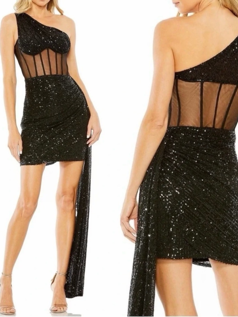 Mac Duggal Black One-Shoulder Sequin Mini Dress with Sheer Corset Panel